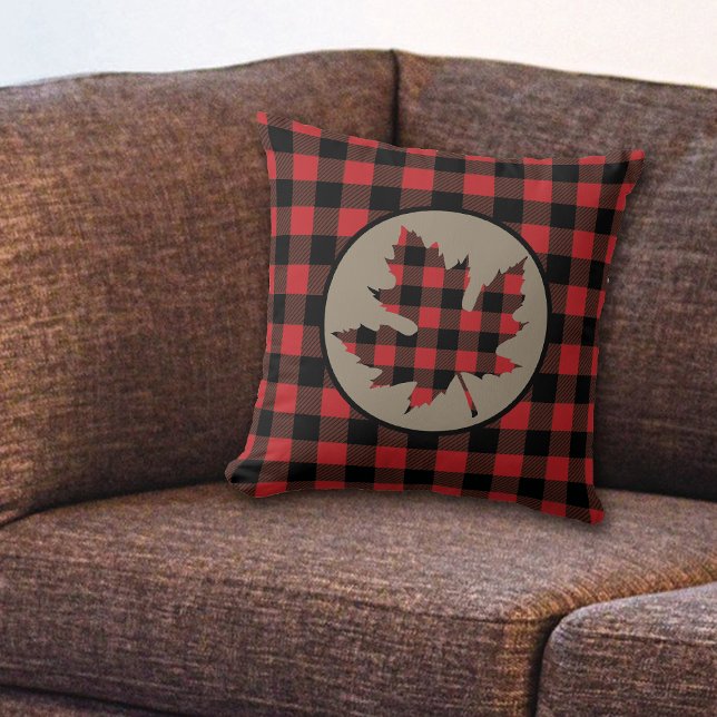 Red Buffalo Plaid Maple Leaf Throw Pillow (Creator Uploaded)