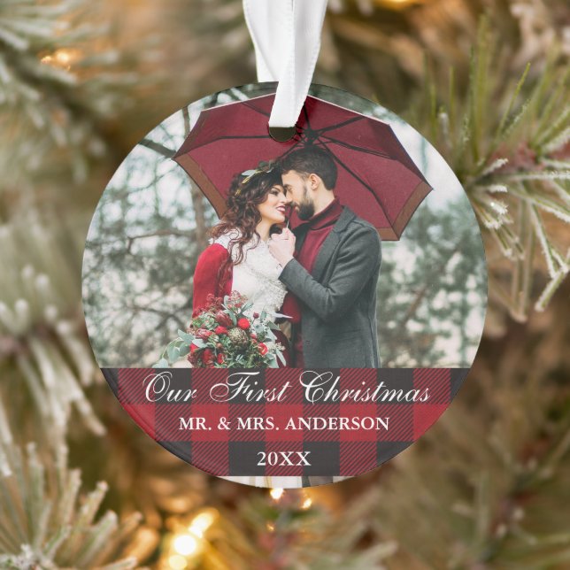 Red Buffalo Plaid Mariage Notre Premier Noël (Arbre)