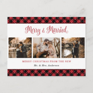 Red Buffalo Plaid Married and Merry Newlyweds Holiday Postcard