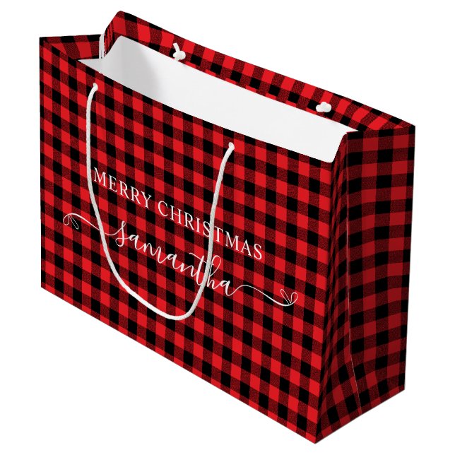 Red Buffalo Plaid Merry Christmas Cute Bow Name Large Gift Bag (Front Angled)