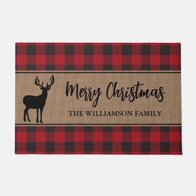 Red Buffalo Plaid Merry Christmas Deer Holiday Doormat (Front)