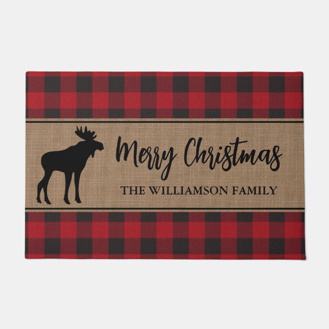 Red Buffalo Plaid Merry Christmas Moose Holiday Doormat (Front)