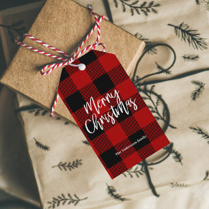 Red Buffalo Plaid & Merry Christmas Personal Name Gift Tags