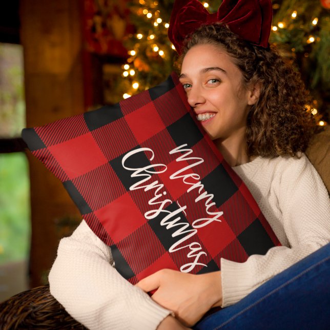 Red Buffalo Plaid & Merry Christmas |Personal Name Lumbar Pillow (Creator Uploaded)