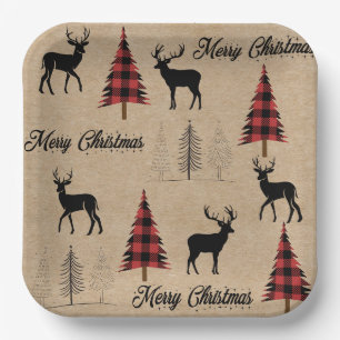Red Buffalo Plaid & Merry Christmas Woodlands  Paper Plate