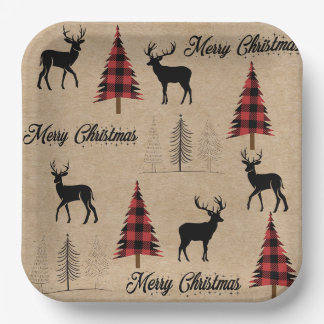 Red Buffalo Plaid & Merry Christmas Woodlands Paper Plate