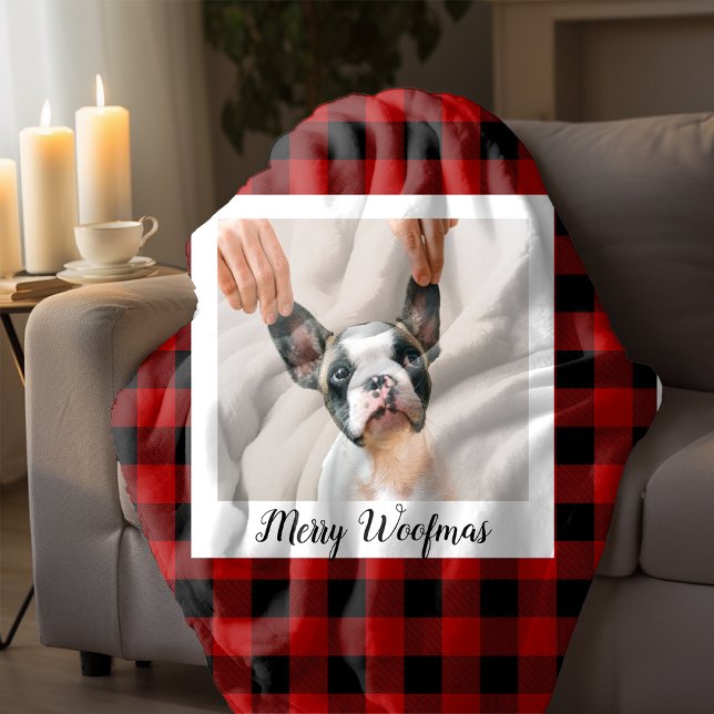 Red Buffalo Plaid & Merry Woofmas With Dog Photo Sherpa Blanket (Creator Uploaded)