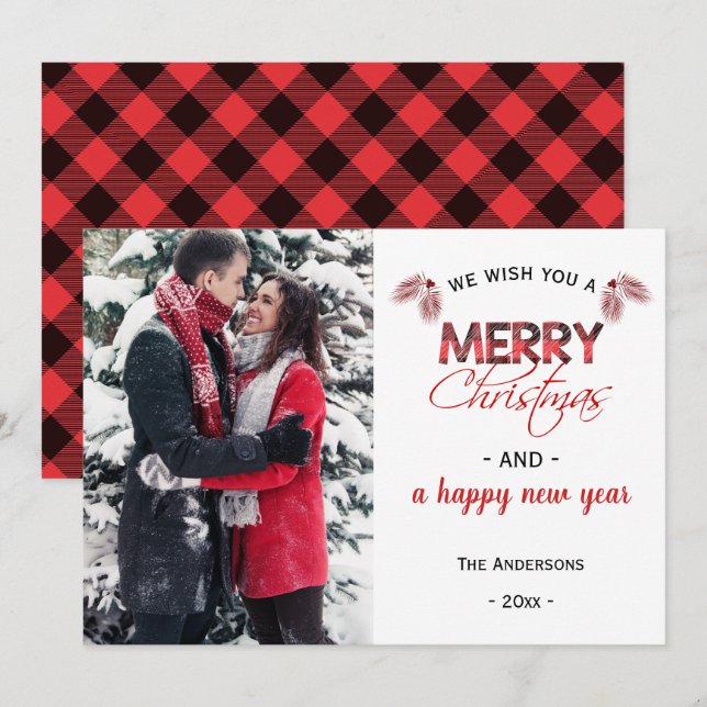 Red Buffalo Plaid | Modern Christmas Photo Holiday Card (Front/Back)