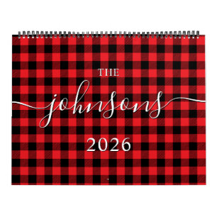 Red Buffalo Plaid Modern Script Name Photo Calendar