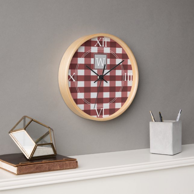 Red Buffalo Plaid Monogram Clock (Office)