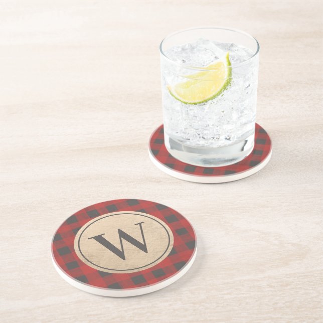 Red Buffalo Plaid Monogram Coaster (Side)