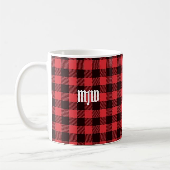 Red Buffalo Plaid Monogram Coffee Mug (Left)