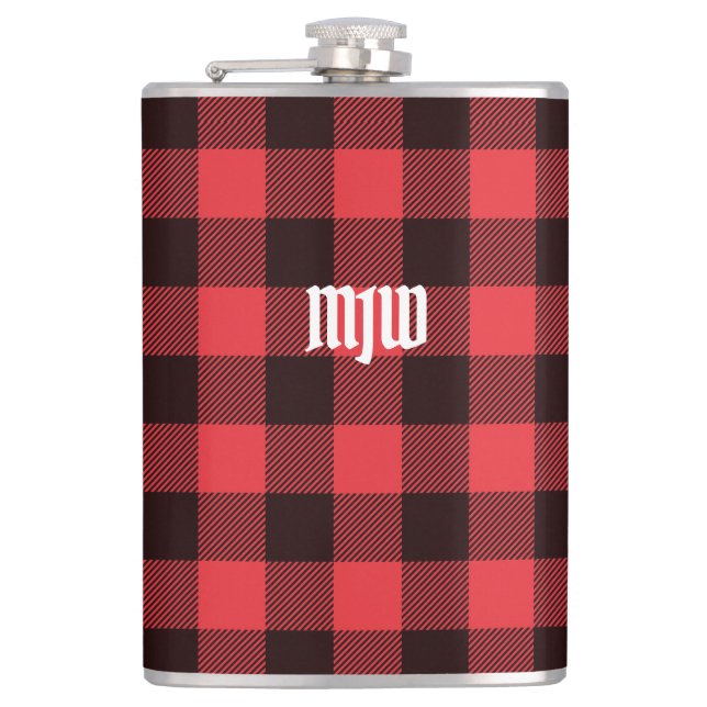 Red Buffalo Plaid Monogram Hip Flask (Front)