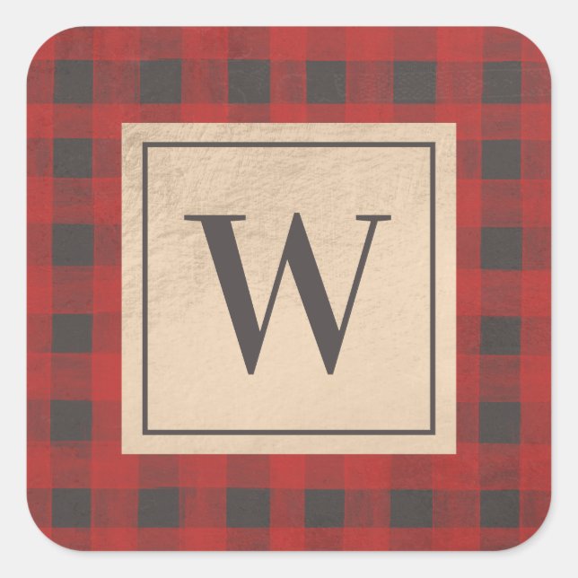 Red Buffalo Plaid Monogram Square Sticker (Front)