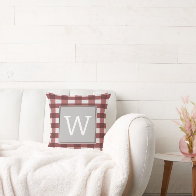 Red Buffalo Plaid Monogram Throw Pillow (Couch)