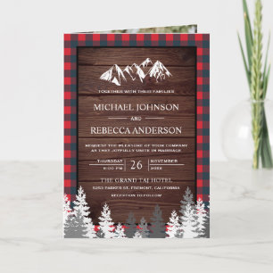 Red Buffalo Plaid Mountain QR Code Wood Wedding Invitation