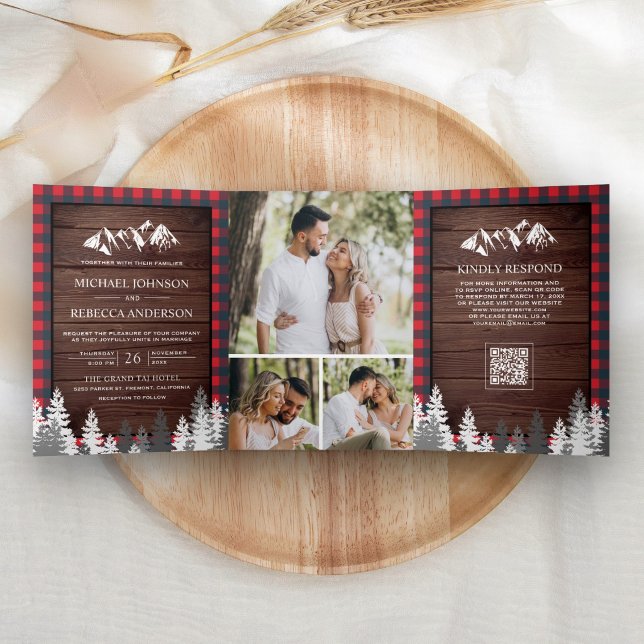 Red Buffalo Plaid Mountain QR Code Wood Wedding Tri-Fold Invitation (Creator Uploaded)