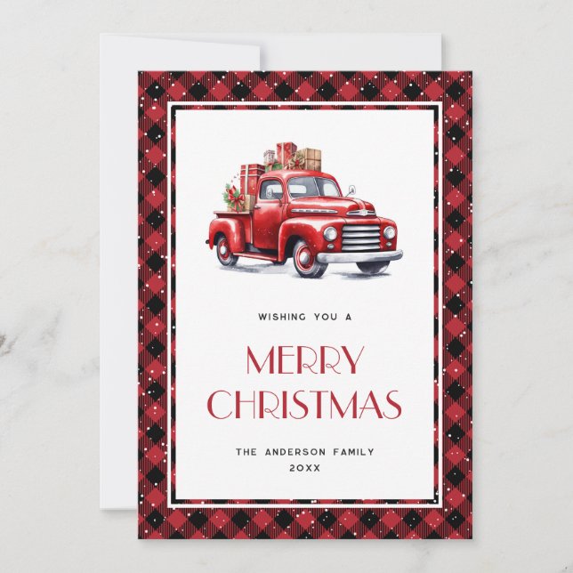Red Buffalo Plaid Old Truck Merry Christmas Card (Front)