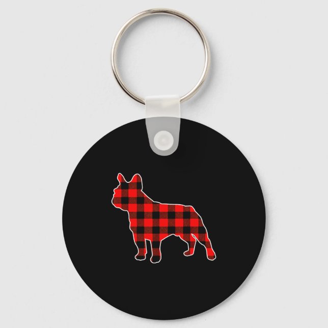 Red Buffalo Plaid Pajama Frenchie Christmas Dog Lo Keychain (Front)