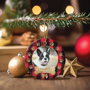 Red Buffalo Plaid Pattern Gold Bow Family Photo Ceramic Ornament