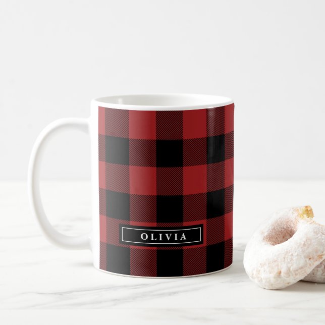Red Buffalo Plaid Pattern Monogrammed Mug (With Donut)
