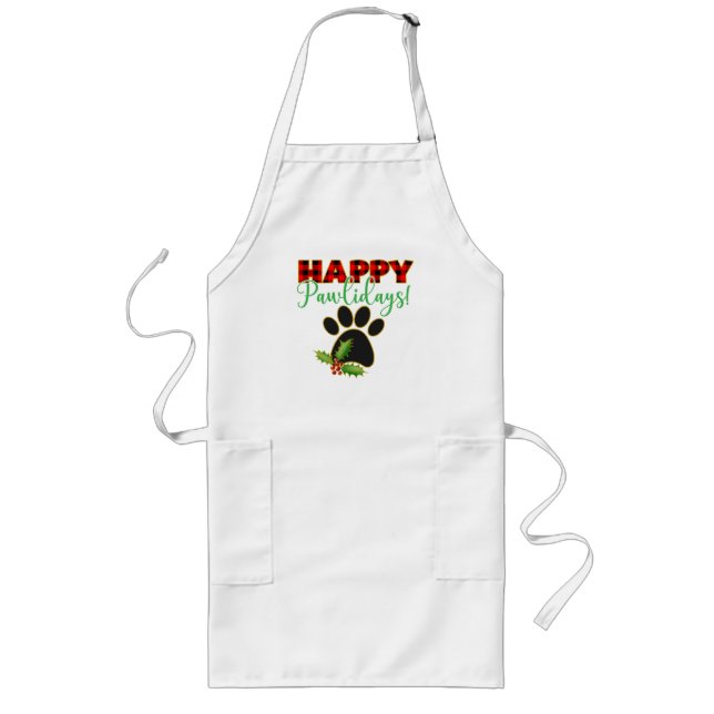 Red Buffalo Plaid Paw Print Christmas Long Apron (Front)