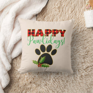 Red Buffalo Plaid Paw Print Christmas Throw Pillow