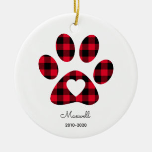Red Buffalo Plaid Paw Print White Heart Ceramic Ornament