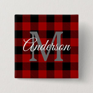 Red Buffalo Plaid   Personal Initial   Gift 2 Inch Square Button