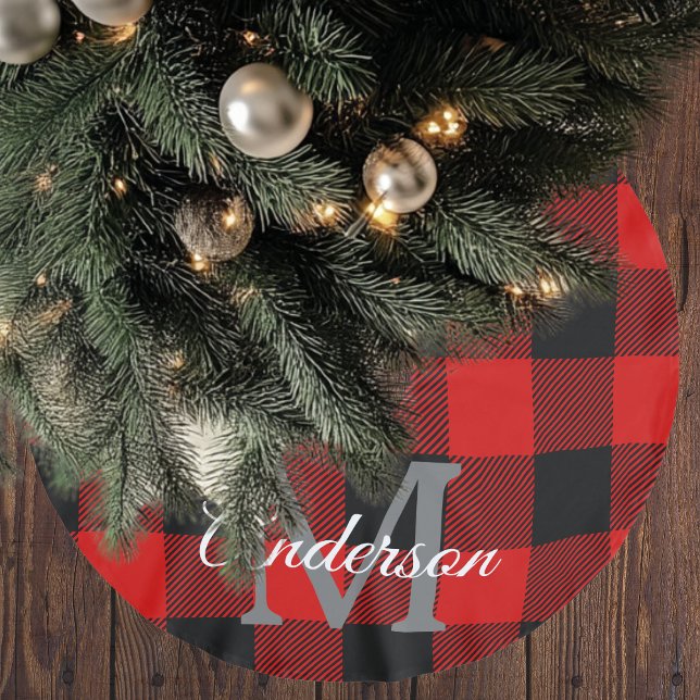 Red Buffalo Plaid | Personal Initial | Gift Brushed Polyester Tree Skirt (Creator Uploaded)