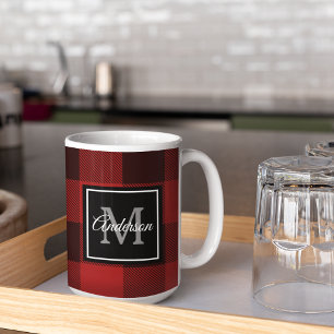 Red Buffalo Plaid   Personal Initial   Gift Coffee Mug