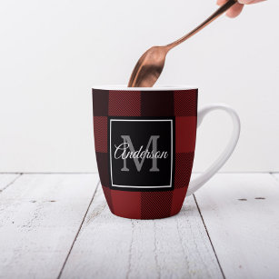 Red Buffalo Plaid   Personal Initial   Gift Latte Mug