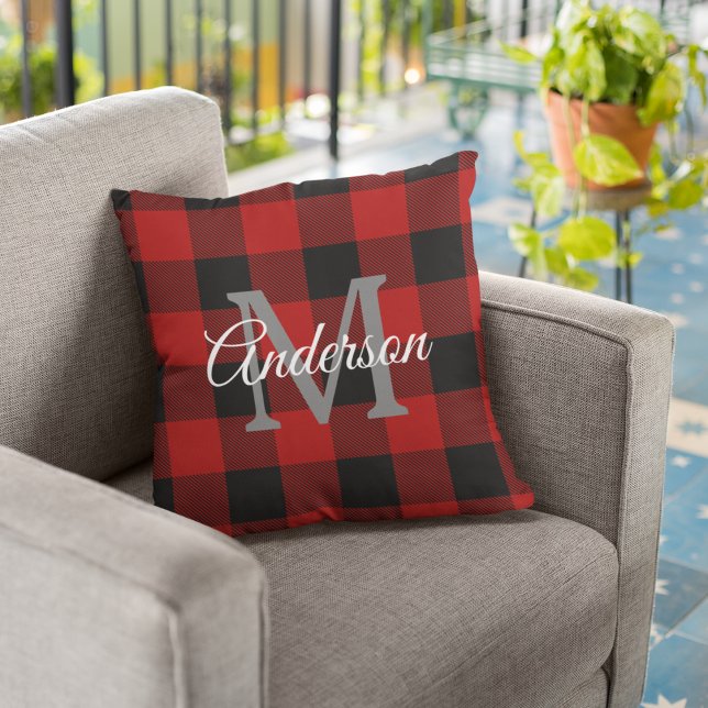 Red Buffalo Plaid | Personal Initial | Gift Outdoor Pillow (Creator Uploaded)