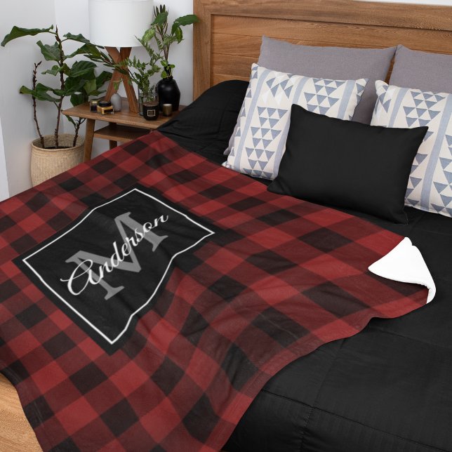 Red Buffalo Plaid | Personal Initial | Gift Sherpa Blanket (Creator Uploaded)