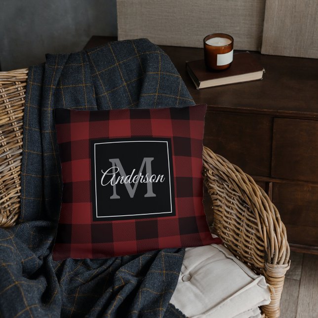 Red Buffalo Plaid | Personal Initial | Gift Throw  Pillow (Creator Uploaded)