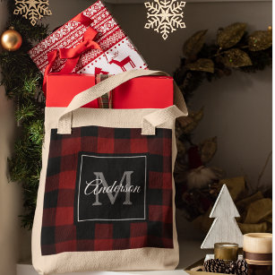 Red Buffalo Plaid   Personal Initial   Gift Tote B