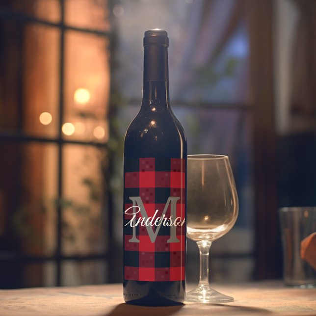 Red Buffalo Plaid | Personal Initial | Gift Wine Label (Creator Uploaded)