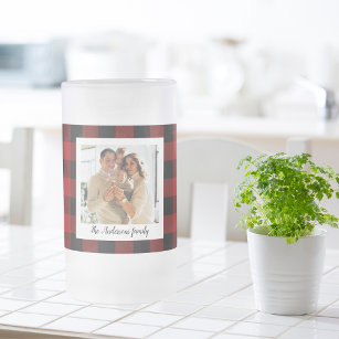 Red Buffalo Plaid & Personal Name And Photo Frosted Glass Beer Mug