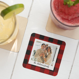 Red Buffalo Plaid & Personal Name And Photo Glass Coaster