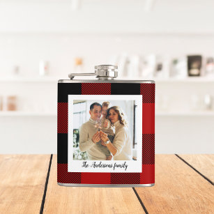 Red Buffalo Plaid & Personal Name And Photo Hip Flask