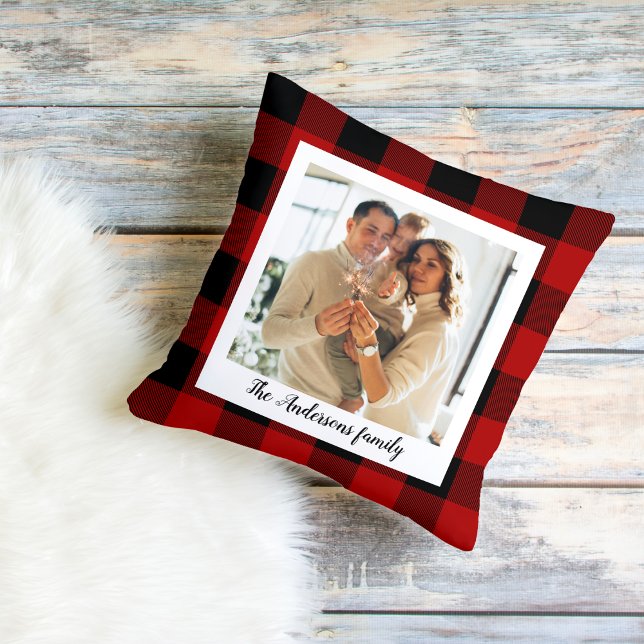 Red Buffalo Plaid & Personal Name And Photo Outdoor Pillow (Creator Uploaded)