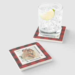 Red Buffalo Plaid & Personal Name And Photo Stone Coaster