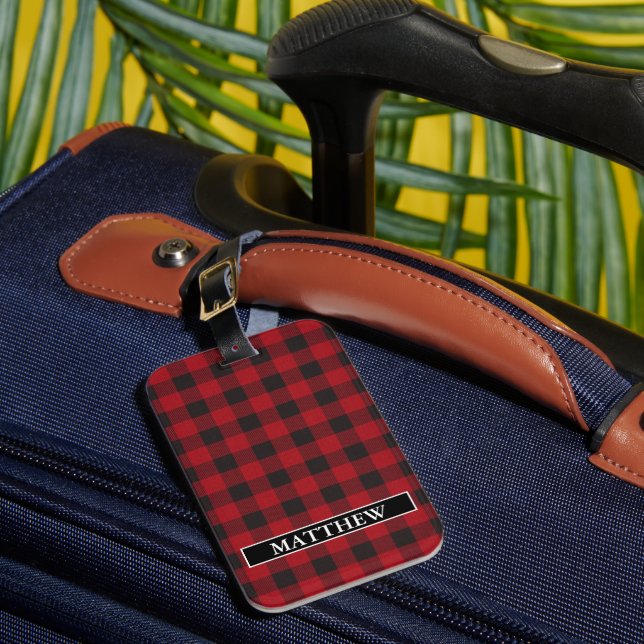 Red Buffalo Plaid Personalized Name Luggage Tag (Front Insitu 1)