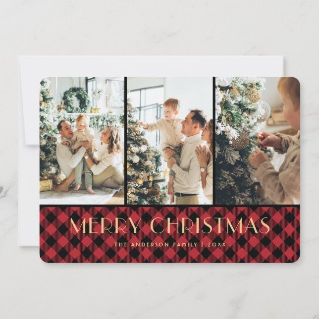 Red Buffalo Plaid Photo Collage Cartes de Noël (Devant)
