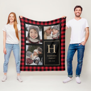Red Buffalo Plaid Photo Collage Monogram Fleece Blanket