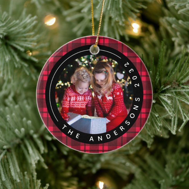 Red Buffalo Plaid Photo Frame Christmas Ceramic Ornament (Tree)
