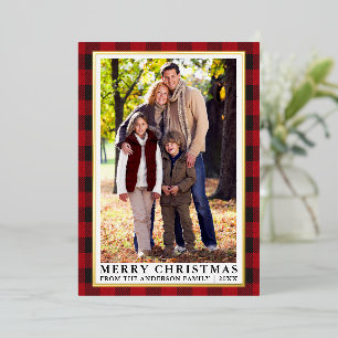 Red Buffalo Plaid Photo Merry Christmas Gold Foil Holiday Card