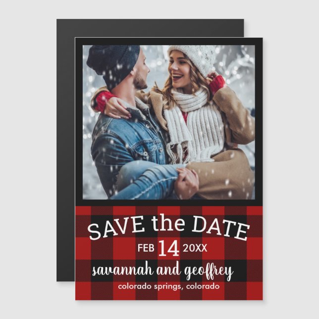 Red Buffalo Plaid Photo Wedding Save the Date Magnetic Invitation (Front/Back)