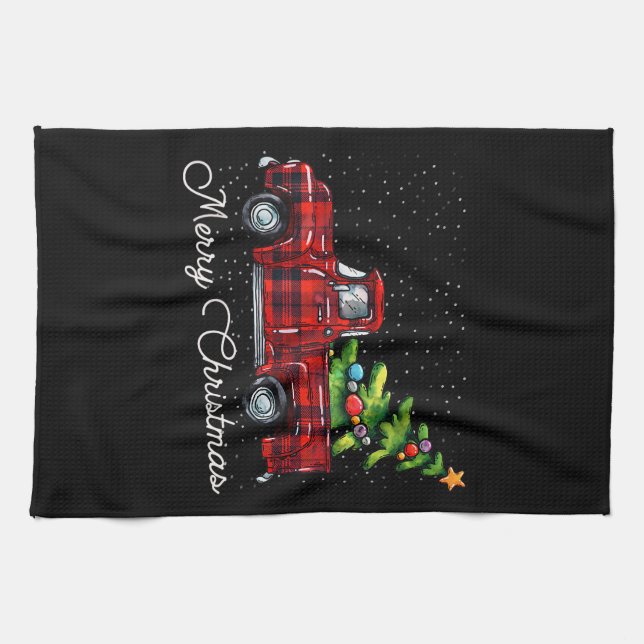 Red Buffalo Plaid Pickup Truck with Tree Merry Chr Kitchen Towel (Horizontal)
