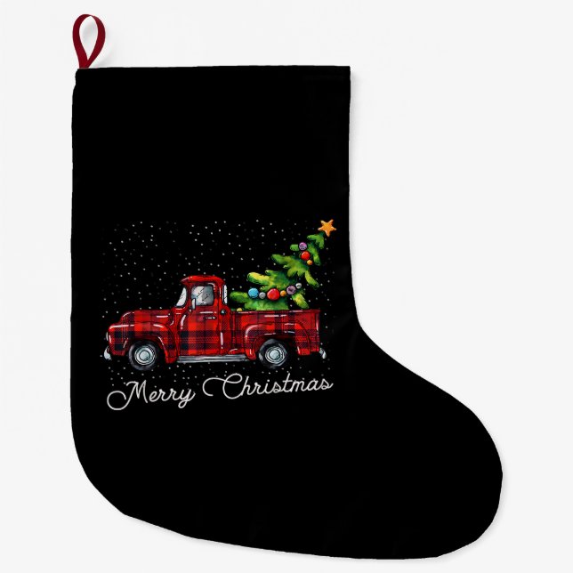 Red Buffalo Plaid Pickup Truck with Tree Merry Chr Large Christmas Stocking (Front)